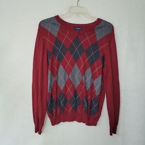 Croft & Barrow Mens Sweater Medium Argyle V Neck Red Gray Knit Pullover Preppy
